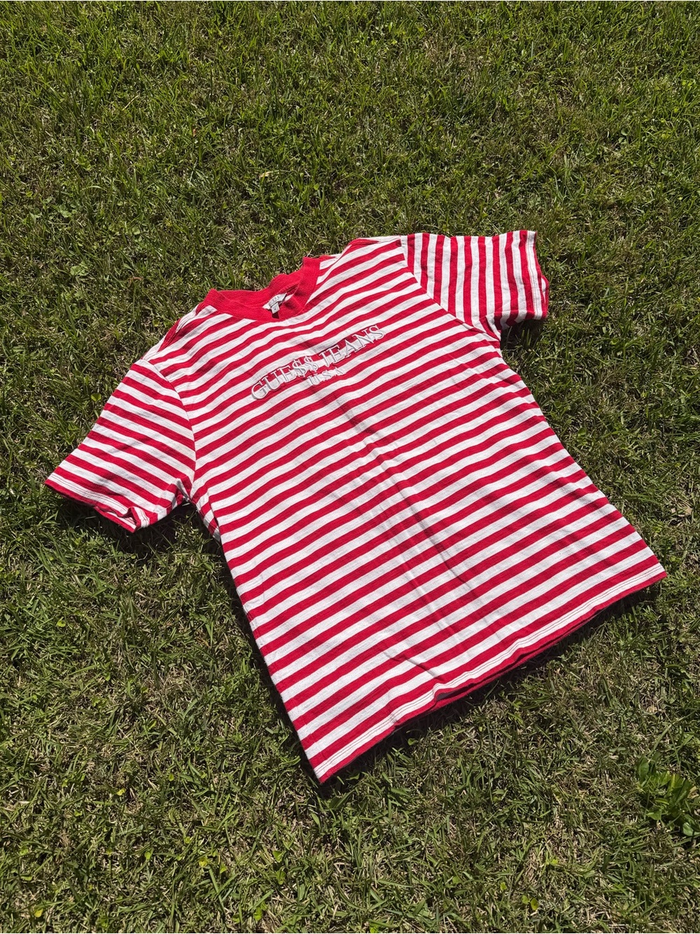 Guess Red and White Striped Tee - Short Sleeve